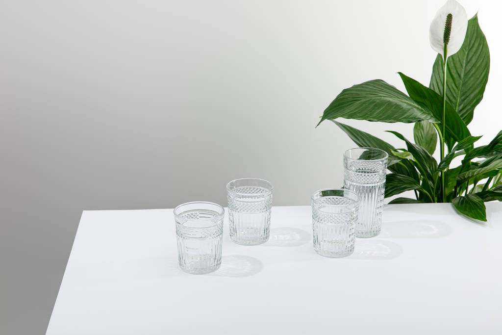 gefacetteerde glazen zoet water op witte tafel in de buurt van groene vrede lelie plant - Foto, afbeelding