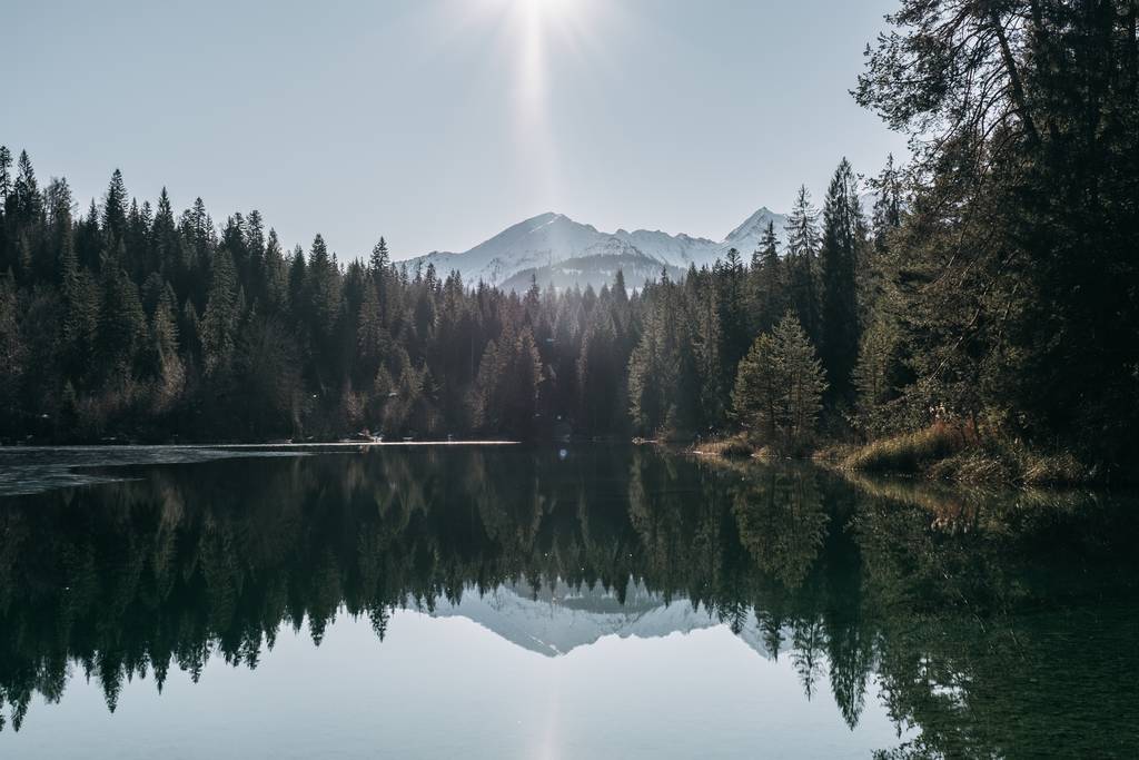 Lago cercado por montanhas e florestas com árvores refletindo sobre a água - Foto, Imagem