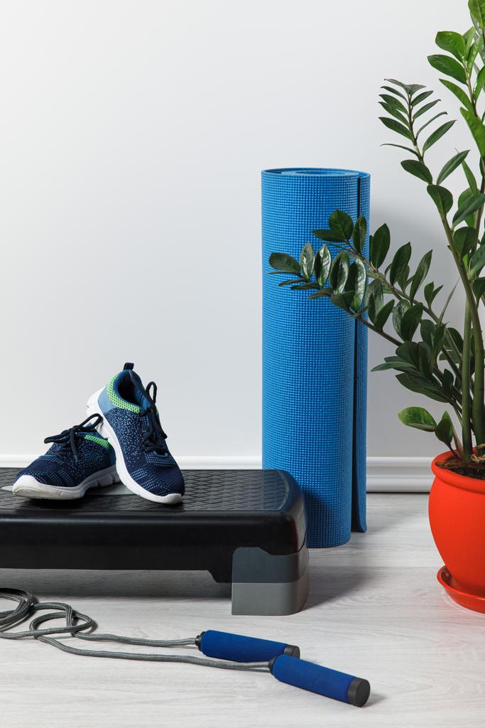 passo plataforma, tapete de fitness, pulando corda e tênis no chão com planta de sala
 - Foto, Imagem