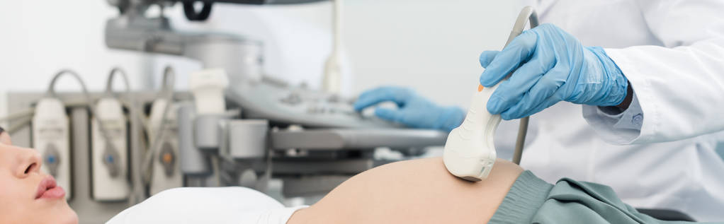 colpo panoramico del medico professionista che esamina la pancia della donna incinta con ecografia
  - Foto, immagini