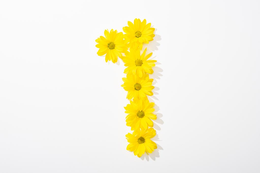 top view of yellow daisies arranged in number 1 on white background - Photo, Image