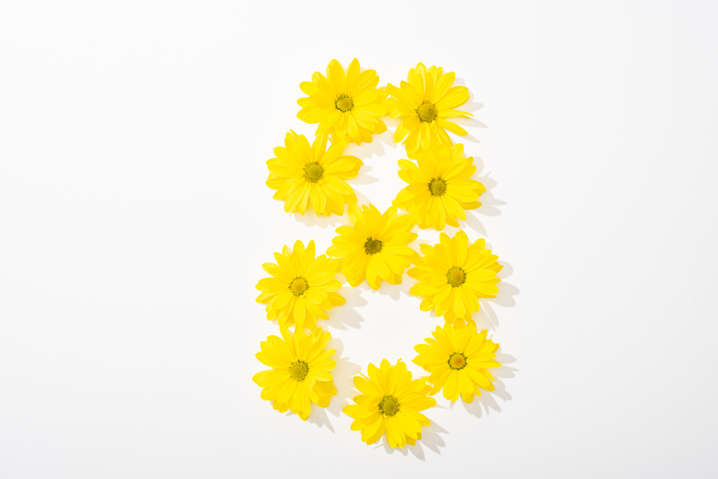 top view of yellow daisies arranged in number 8 on white background - Photo, Image
