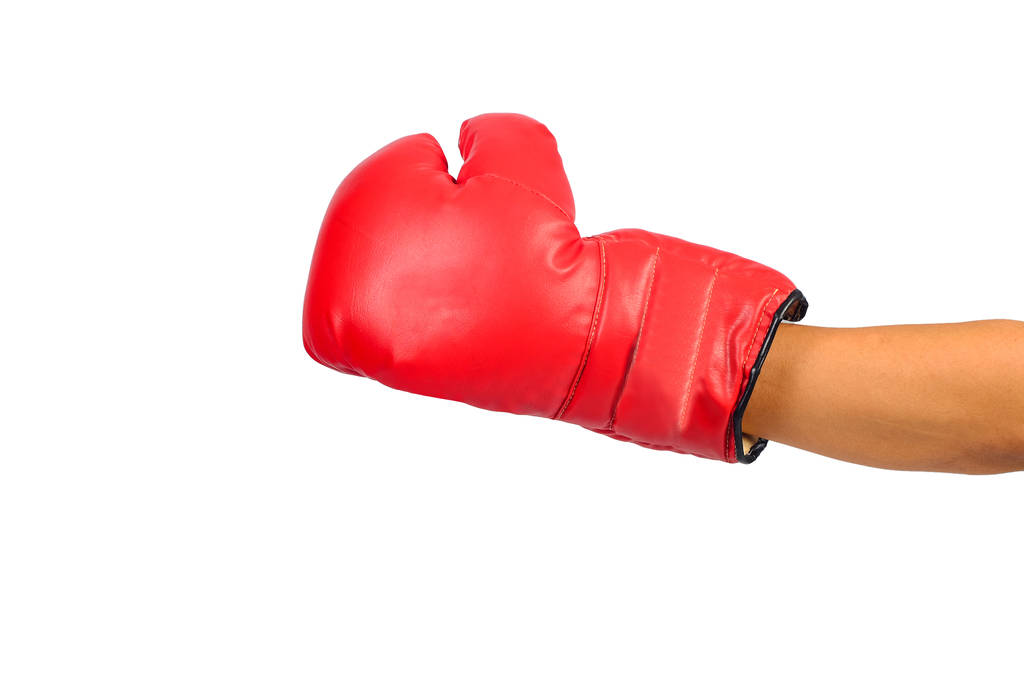 Pair of red leather boxing gloves or mitt isolated on white back - 写真・画像