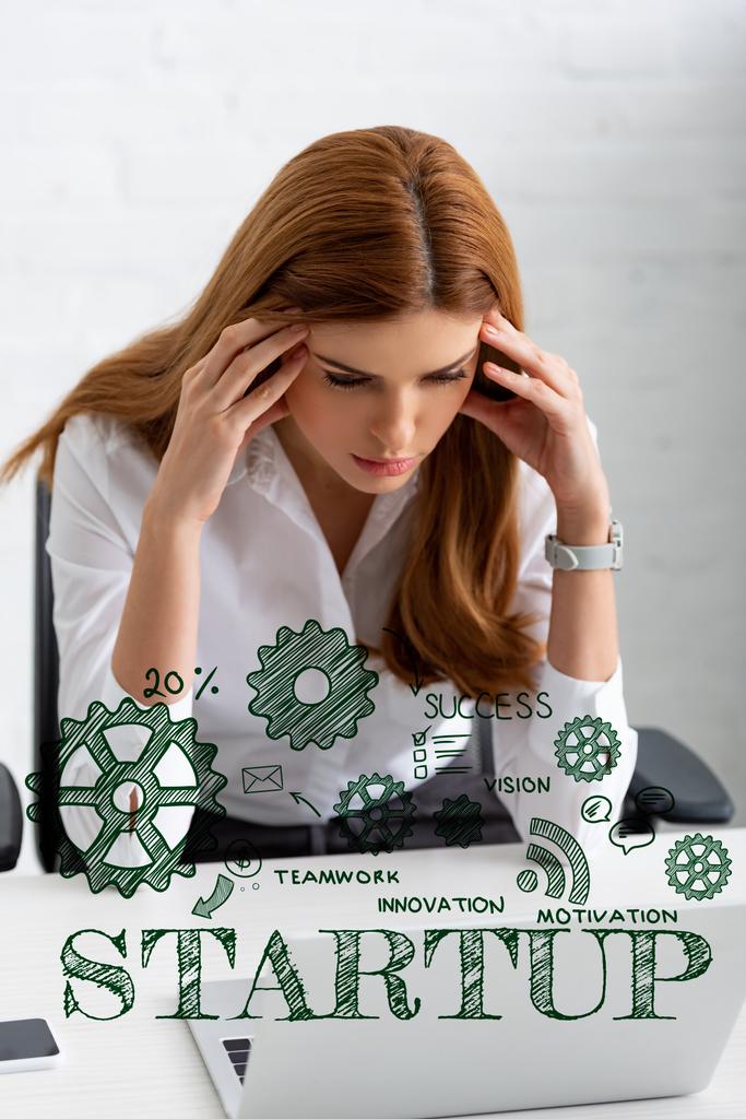 Pensive businesswoman with hands near head looking at laptop on table, startup illustration - Photo, Image