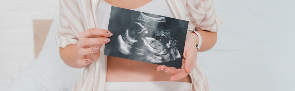 Cropped view of pregnant woman holding ultrasound scan of baby on bed, panoramic shot  - Photo, Image