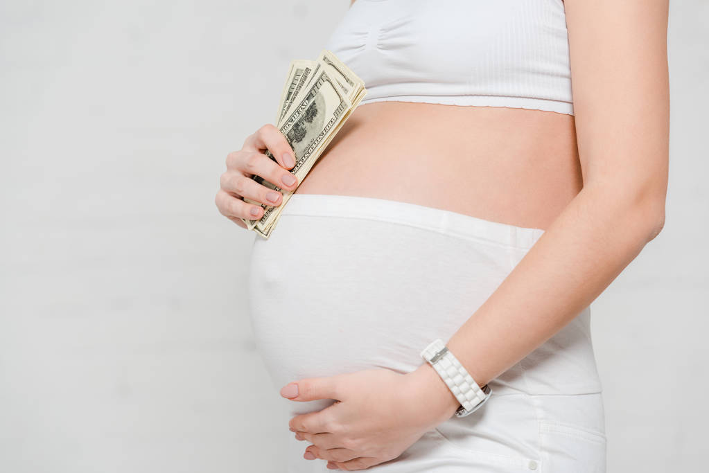 Gevoelige blik op zwangere vrouw met dollarbiljetten en een aandoenlijke buik op grijze achtergrond, draagmoederschap - Foto, afbeelding
