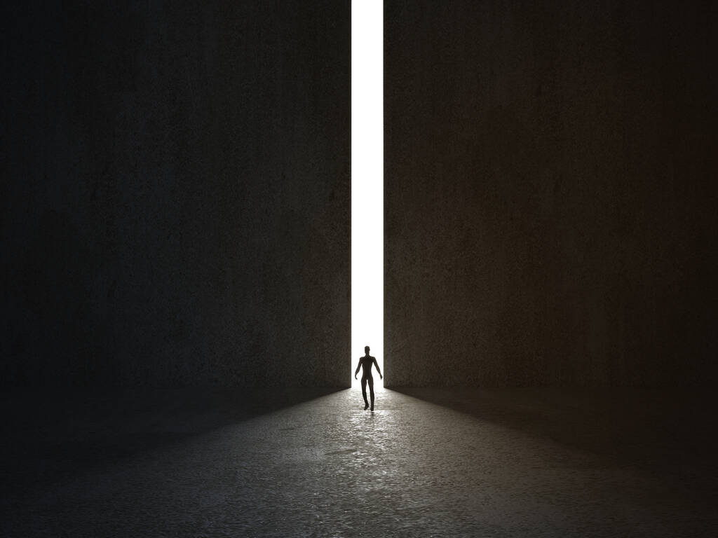 Man walking in a narrow light passage. 3D rendering. - Photo, Image