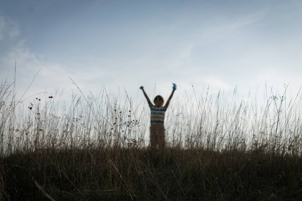 Szczęśliwy mały dzieciak na polu trawy zachód słońca - Zdjęcie, obraz