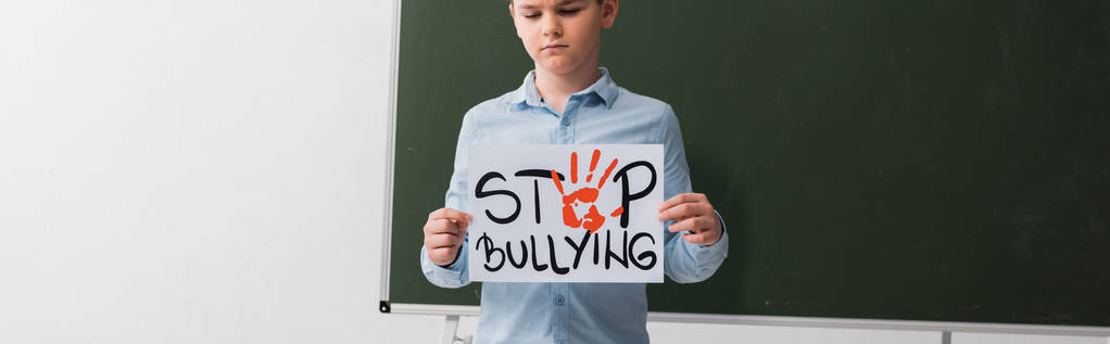 plan panoramique de l'écolier tenant une pancarte avec lettrage d'arrêt de l'intimidation près du tableau
  - Photo, image