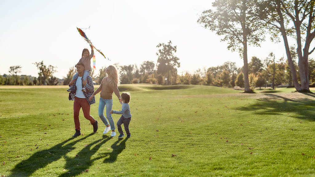 Первое счастье ребенка знать, что его любят. Счастливая семья играет в воздушного змея. Семейные выходные на открытом воздухе
 - Фото, изображение