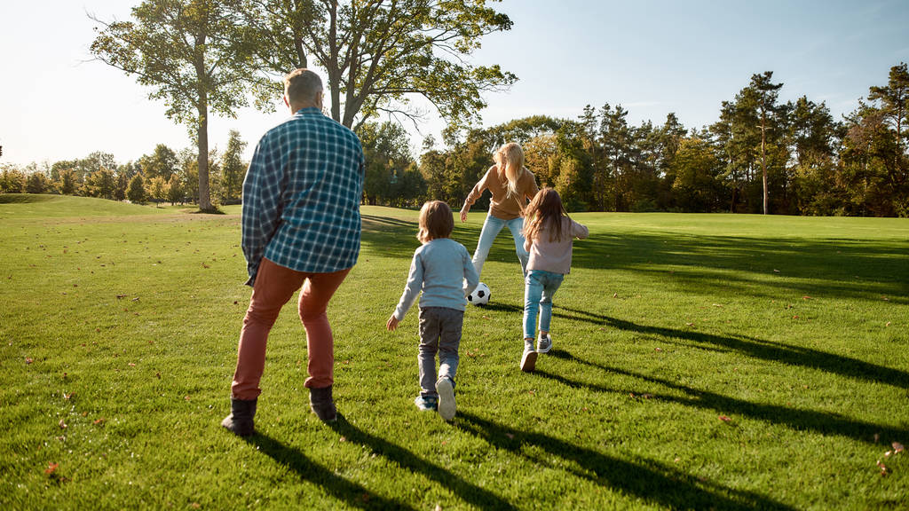 A warm and loving environment. Happy family playing with a ball on meadow - Photo, Image