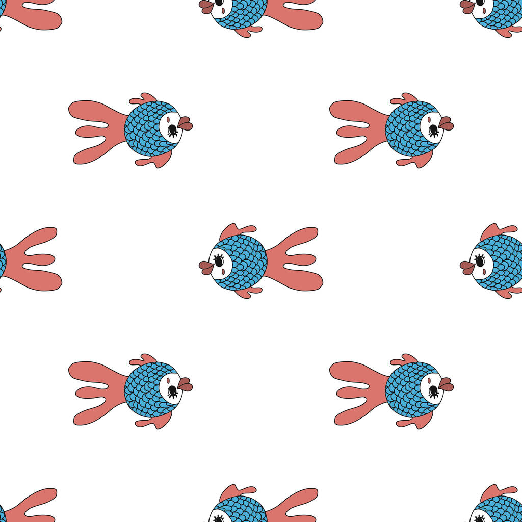 Векторний безшовний візерунок з милою рибою. кольоровою ілюстрацією ручної роботи в мультиплікаційному стилі на білому тлі. Підходить для дизайну тканини, постільної білизни, дизайну футболок, дизайну кухоль, пакувального паперу
 - Вектор, зображення