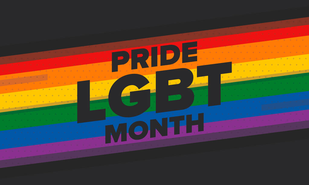 Месяц ЛГБТ-гордости в июне. Лесбиянка гей-бисексуал-трансгендер. Отмечается ежегодно. Флаг ЛГБТ. Концепция радужной любви. Права человека и терпимость. Плакат, открытка, баннер и фон. Векторная иллюстрация - Вектор,изображение