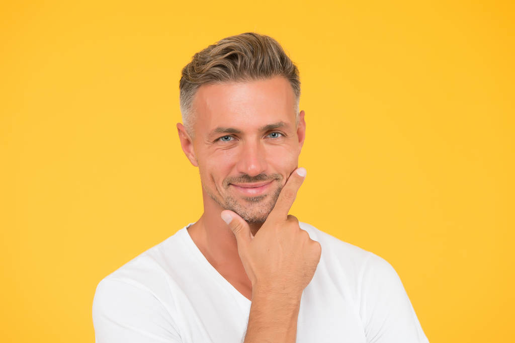 Man attractive well groomed facial hair. Barber and hairdresser. Preoccupied with own beauty. Man mature good looking model. Hair shampoo. Take ageing with respect. Grizzle hair. Deal with gray roots - Photo, Image