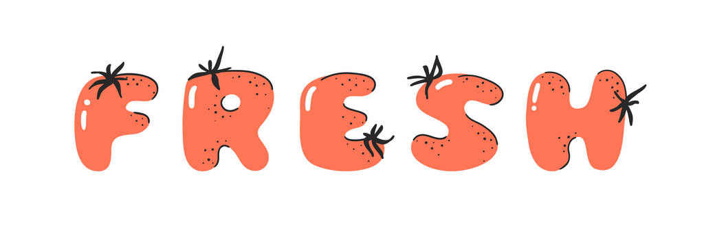 Dibujos animados vector ilustración tomates ABC. Fuente dibujada a mano con comida vegana y FRESH. Arte creativo real alfabeto vegetariano
  - Vector, imagen