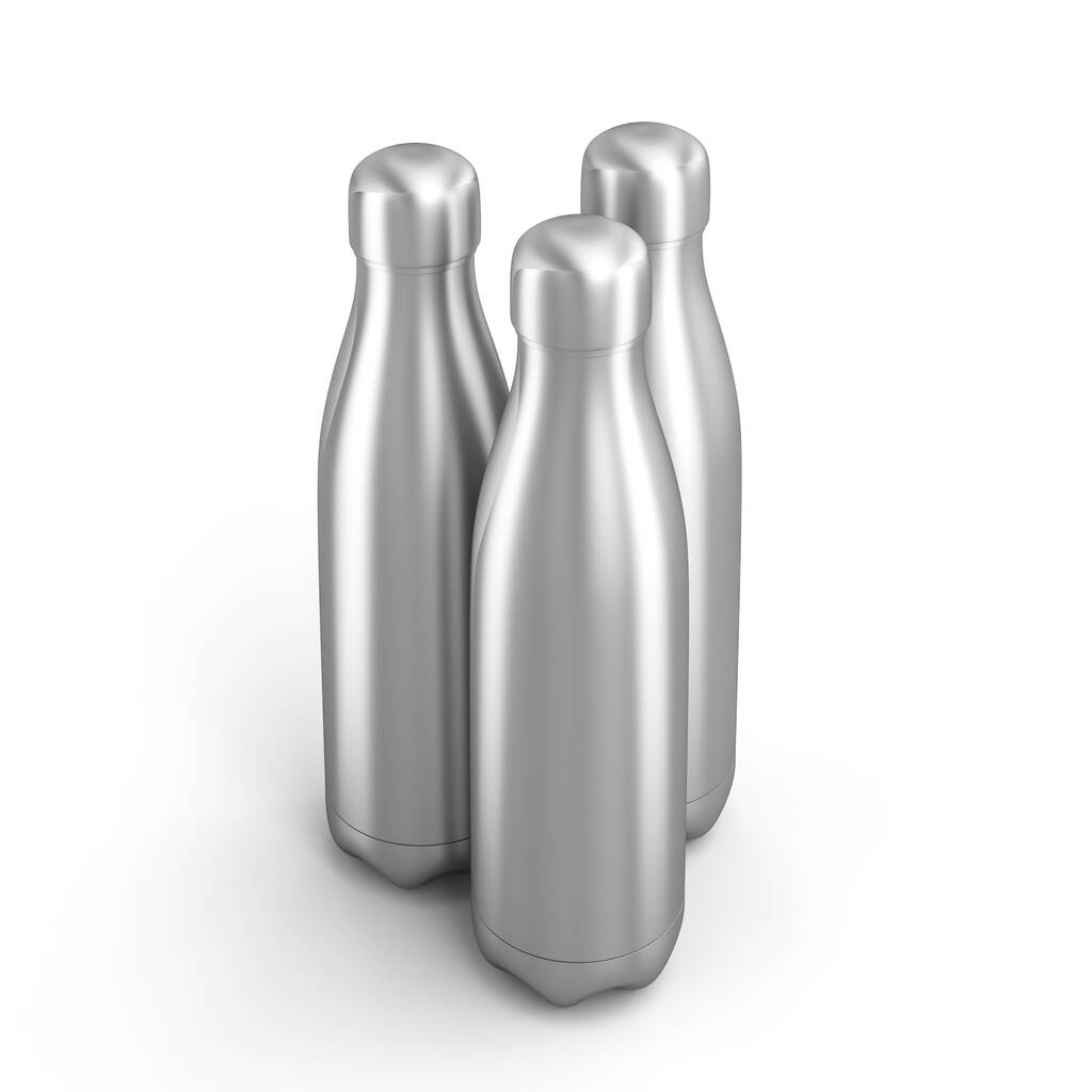 3D vyobrazení 3 opakovaně použitelných ocelových lahví. Nikdo tady není. čtvercový formát. koncept ekologické udržitelnosti. - Fotografie, Obrázek
