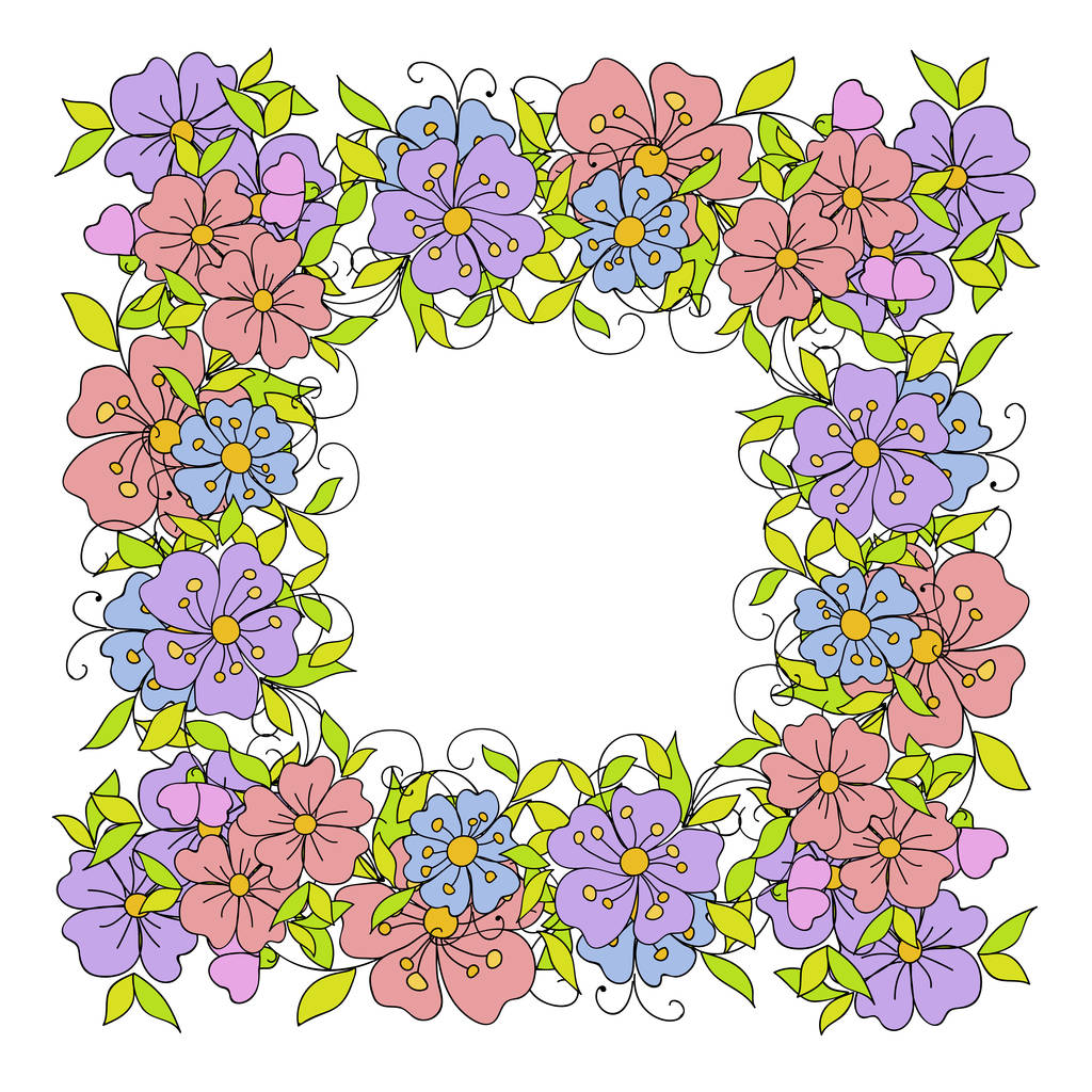 Marco floral hecho de pequeñas flores decorativas de estilo popular. Ilustración botánica dibujada a mano para tarjetas de felicitación de diseño Día de San Valentín y bodas
 - Vector, Imagen