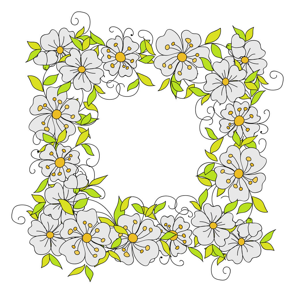 Blumengestell aus kleinen dekorativen Blumen im Volksstil. Botanische handgezeichnete Illustration für Design-Grußkarten zum Valentinstag und Hochzeiten - Vektor, Bild