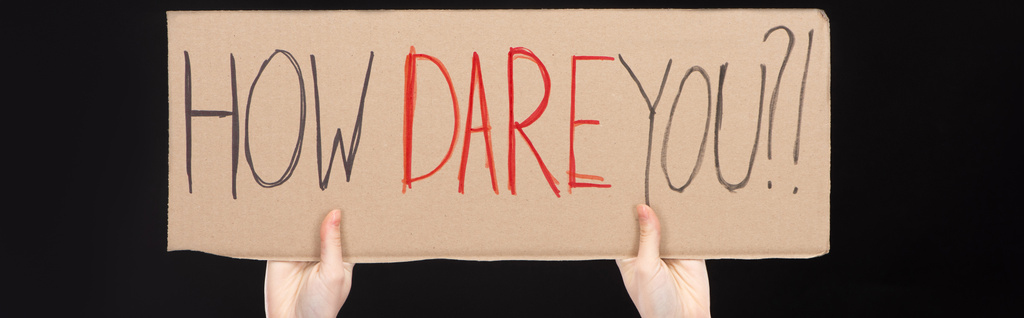 Panoramic view of woman holding placard with how dare you lettering isolated on black, global warming concept - Photo, Image