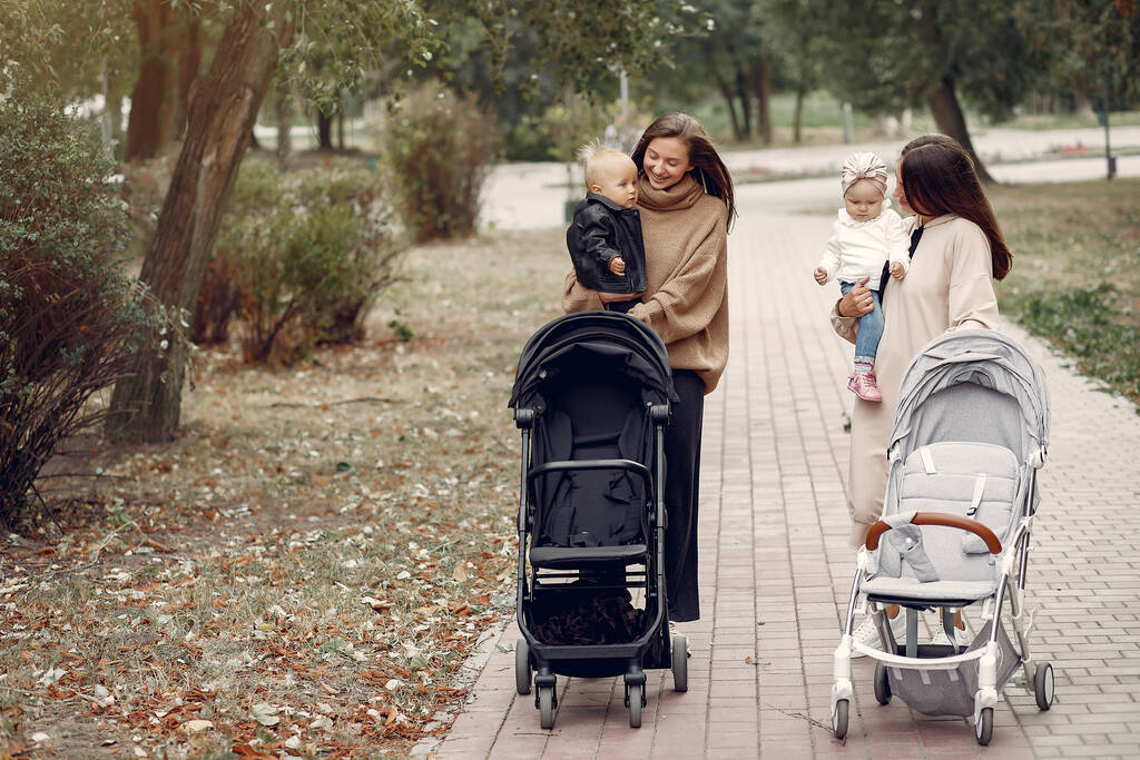Two young mothers walking in a autumn park with carriages - Photo, Image