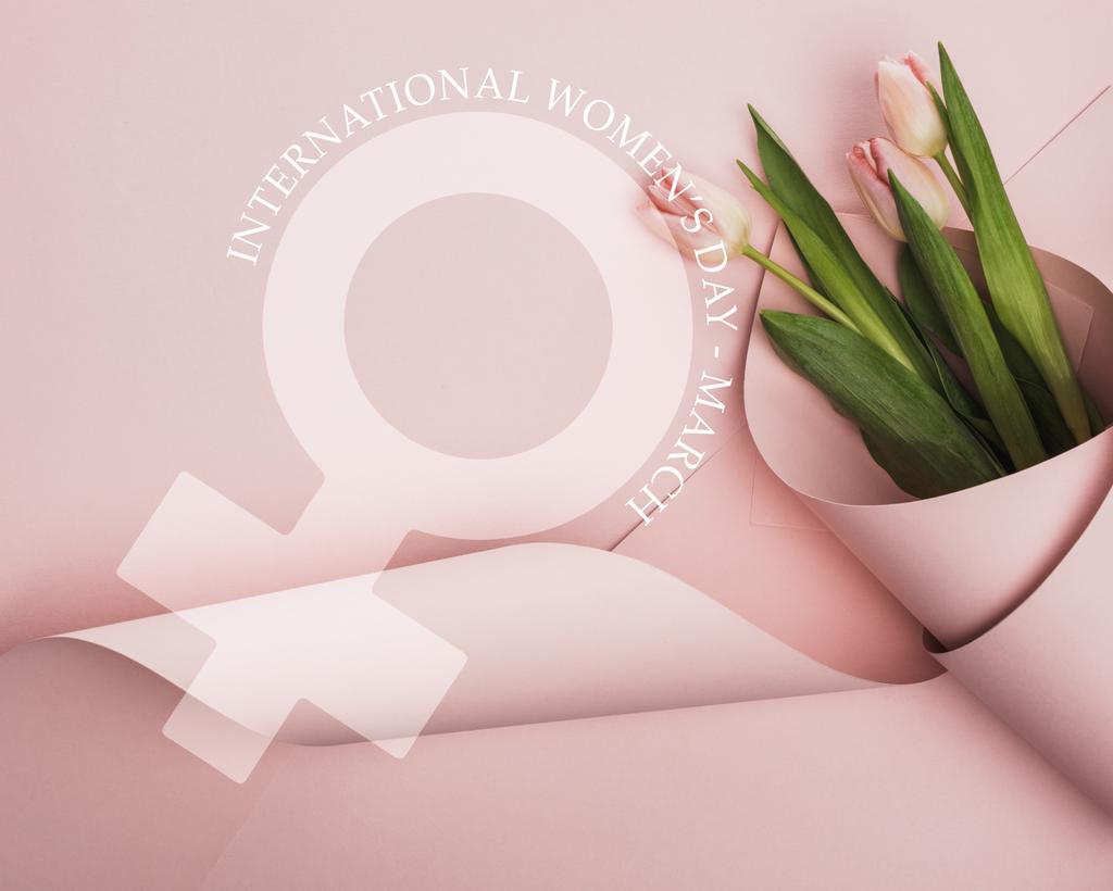 top view of tulips wrapped in paper on pink background, international womens day illustration - Photo, Image