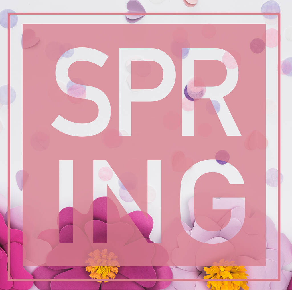 вид зверху на паперові вирізані рожеві та фіолетові квіти біля конфетті, весняна ілюстрація
 - Фото, зображення