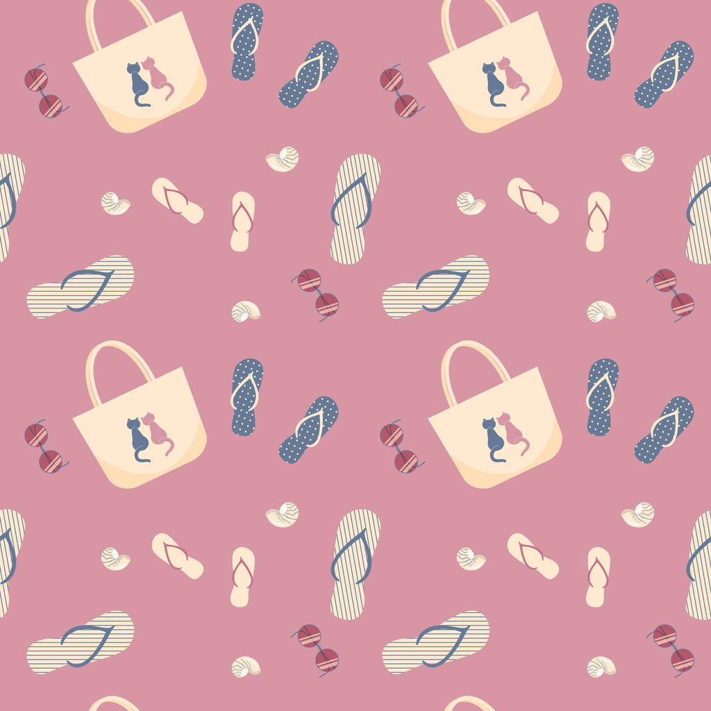 Schattig zomerstrand naadloos patroon met teenslippers, mooie damestas met roze en blauwe katten, schelpen en zonnebrillen. Prachtige achtergrond voor website, strandtassen, stof.Vector platte illustratie - Vector, afbeelding