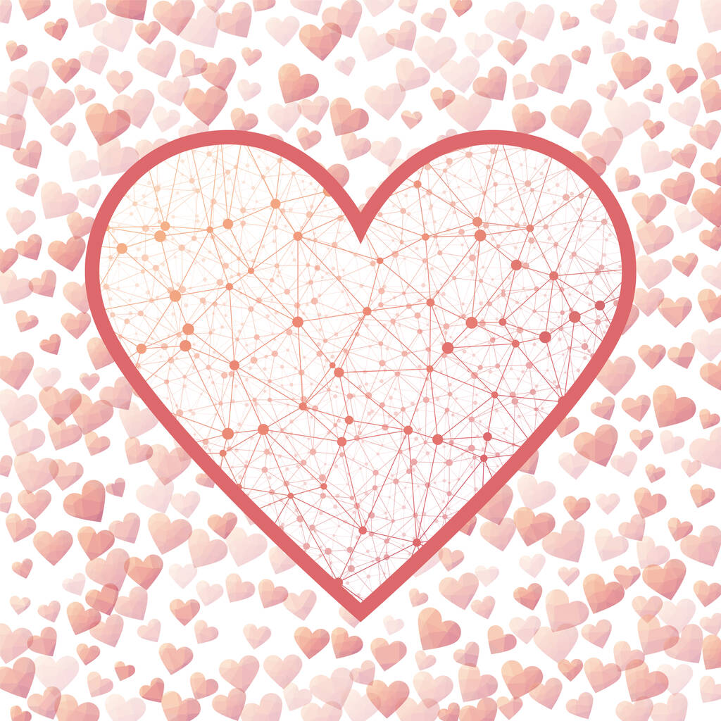 Cyber Love concept. Geometric heart mesh in orange pink color shades, orange pink connections. Appealing network style vector illustration. - Vector, Image