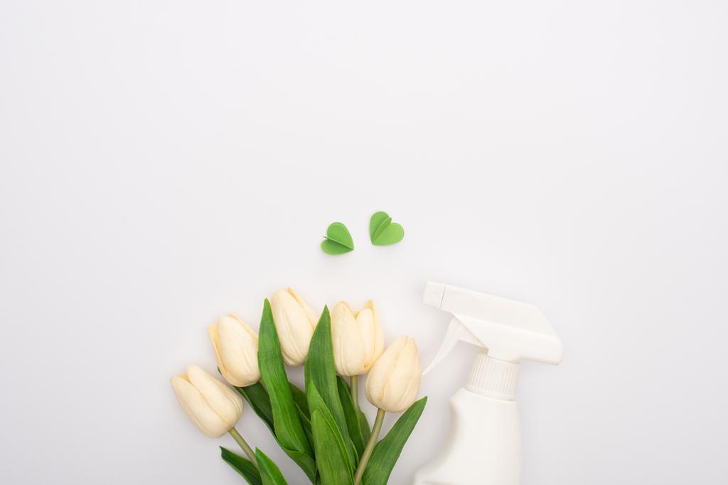 top view of spring tulips and green hearts near detergent on white background - Photo, Image