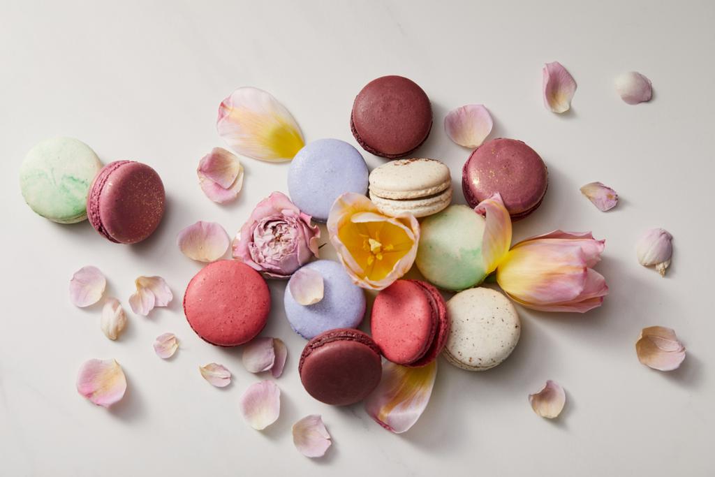 Gri arka planda çiçek yaprakları olan çeşitli lezzetli Fransız kurabiyelerinin üst görüntüsü. - Fotoğraf, Görsel
