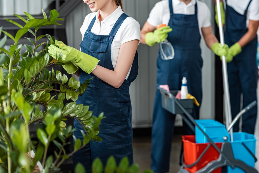 oříznutý pohled na usmívající se čistič čistící rostliny, zatímco kolegové stojí na pozadí - Fotografie, Obrázek