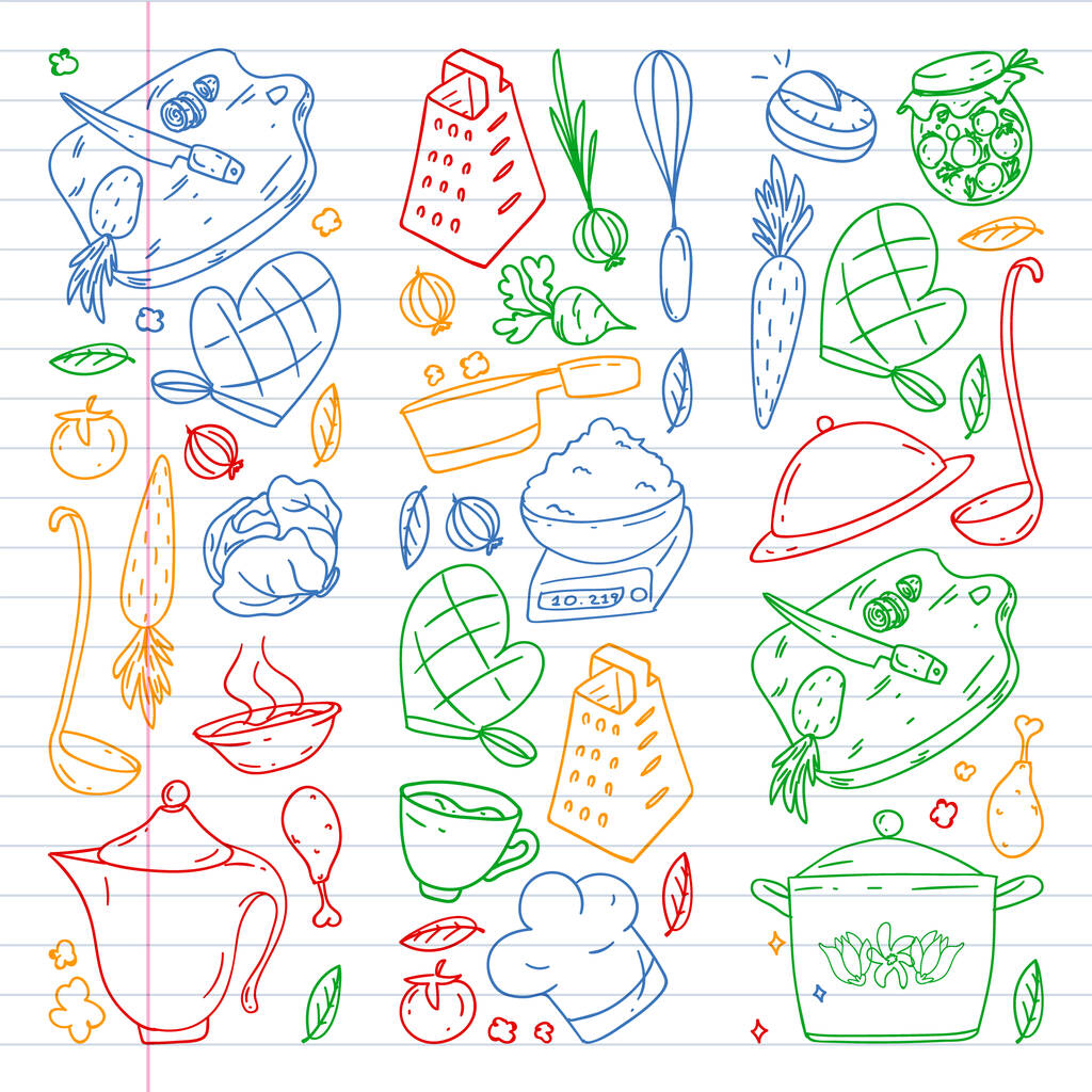 Patroon met gastronomie pictogrammen, vector keuken en fast food cafe heldere achtergrond voor het menu, ontvangsten. Kleurrijk, foto 's op een vel geruit papier op een witte achtergrond. - Vector, afbeelding