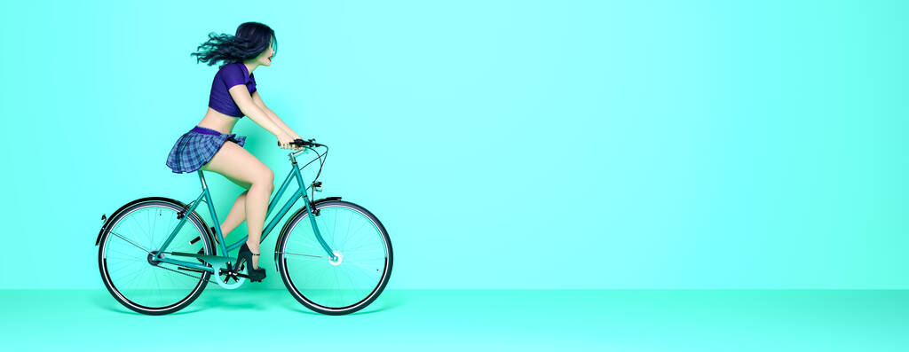 Lány szoknya kerékpáron.Ökológiai városi közlekedés.Vintage kerékpár szoba fal ellen.Stúdió fénykép.Minimális stílus. 3D make bike illusztráció.Modern trend szín 2020-Aqua Menthe - Fotó, kép