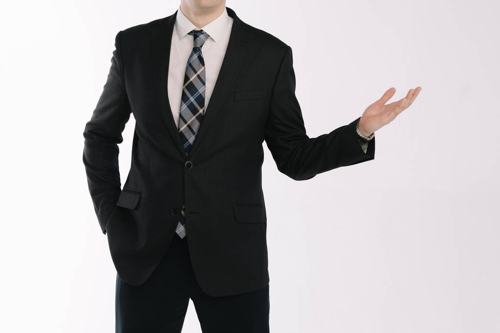 muotokuva liikemies seisoo valkoisella taustalla kätensä ojennettuna
 - Valokuva, kuva