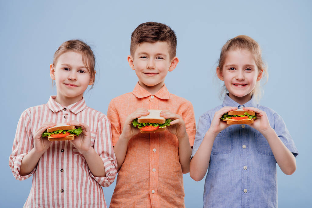 drei Kinder mit Sandwich. Blick in die Kamera - Foto, Bild