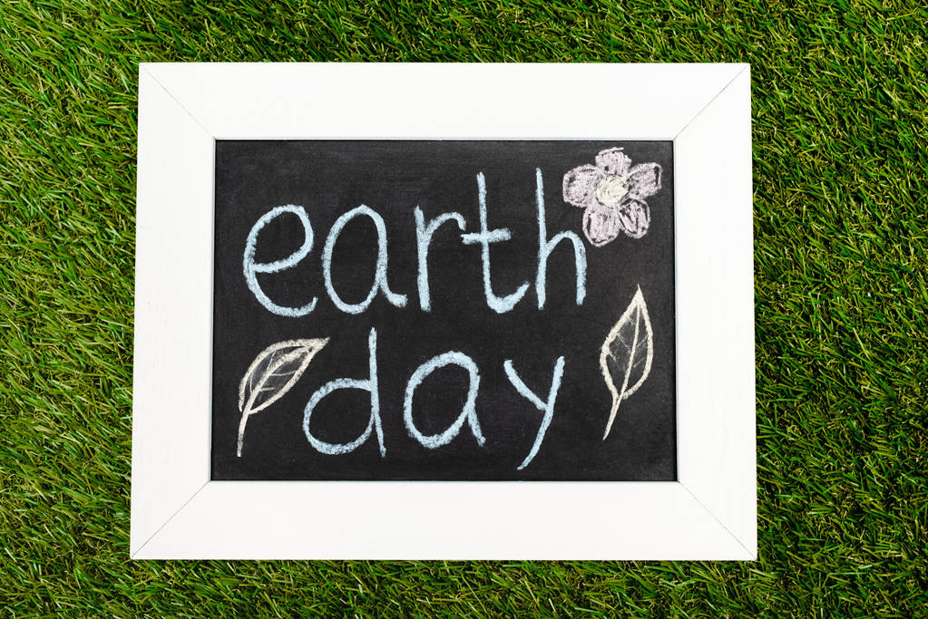 Yeşil üzerine Dünya Günü yazılı tahtanın en üst görüntüsü  - Fotoğraf, Görsel