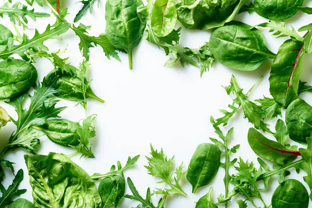 romana y rúcula con espinacas y hojas de mizuna aisladas sobre fondo blanco, vista cercana, concepto de ingredientes de comida vegana
  - Foto, Imagen