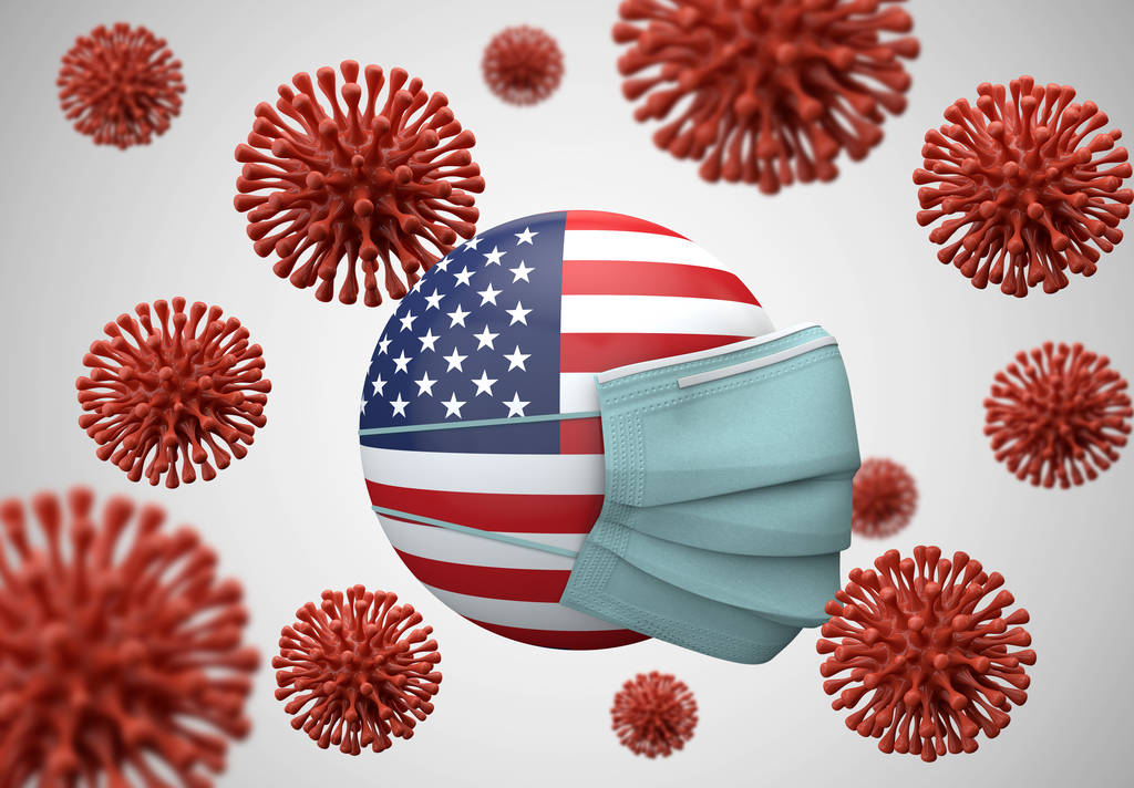Koruyucu maskeli Amerikan bayrağı. Coronavirus konsepti. 3d Hazırlama - Fotoğraf, Görsel