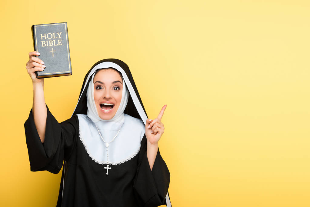 attraktive aufgeregte Nonne, die die heilige Bibel in der Hand hält und auf grau zeigt - Foto, Bild
