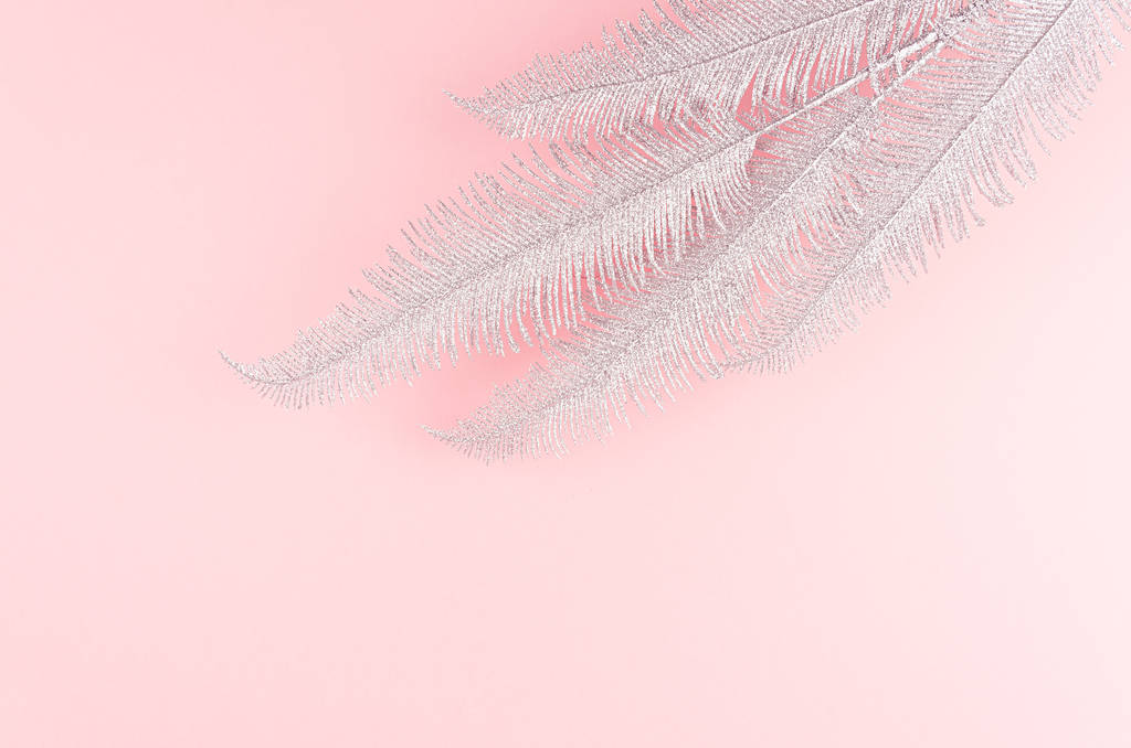 Christmas festive decoration - silver glitter palm branch on pastel pink background, top view, copy space. - Foto, Bild