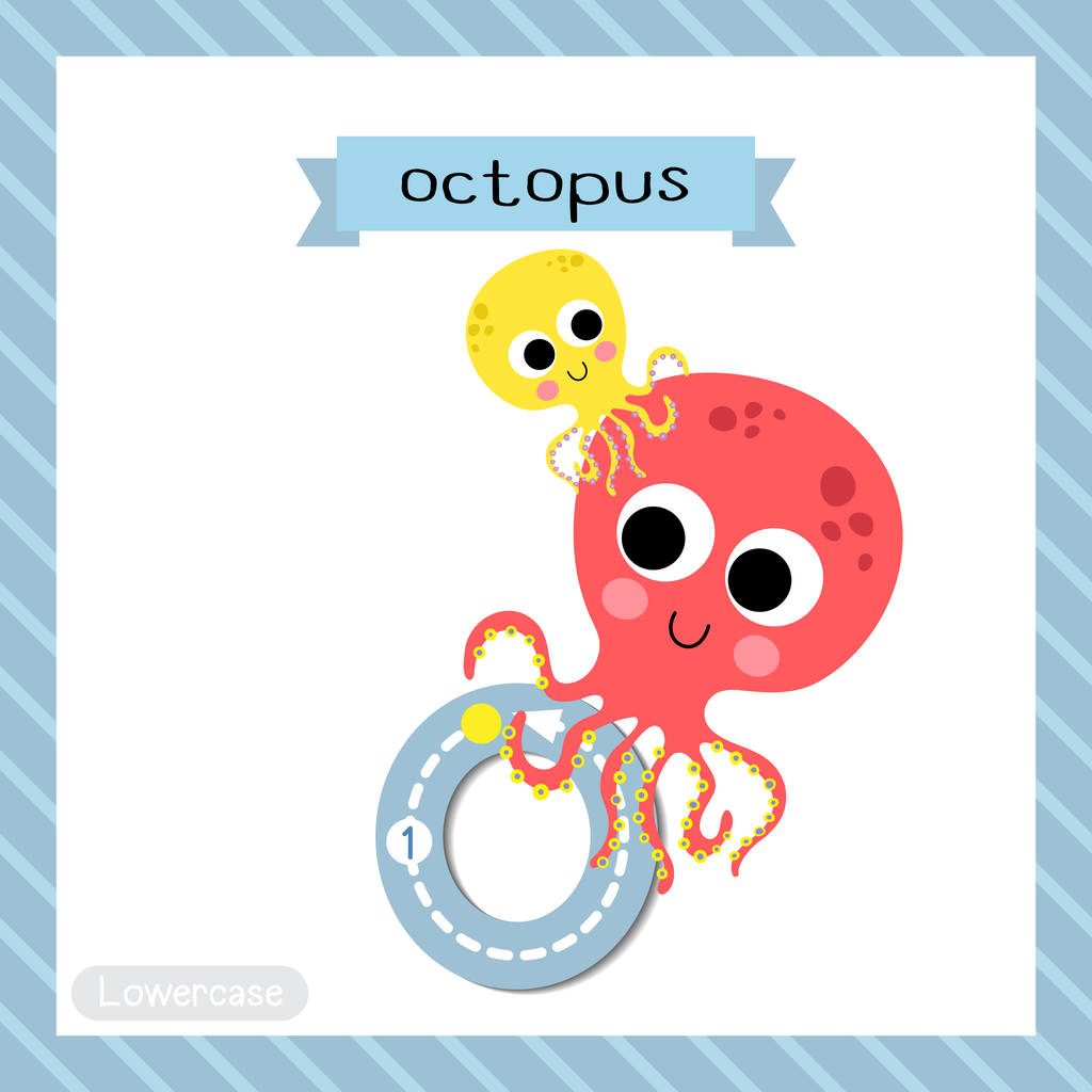 Levél O kisbetűs aranyos gyermekek színes állatkert és állatok ABC ábécé nyomkövető flash kártya Octopus gyerekeknek tanulás angol szókincs és kézírás vektor illusztráció. - Vektor, kép