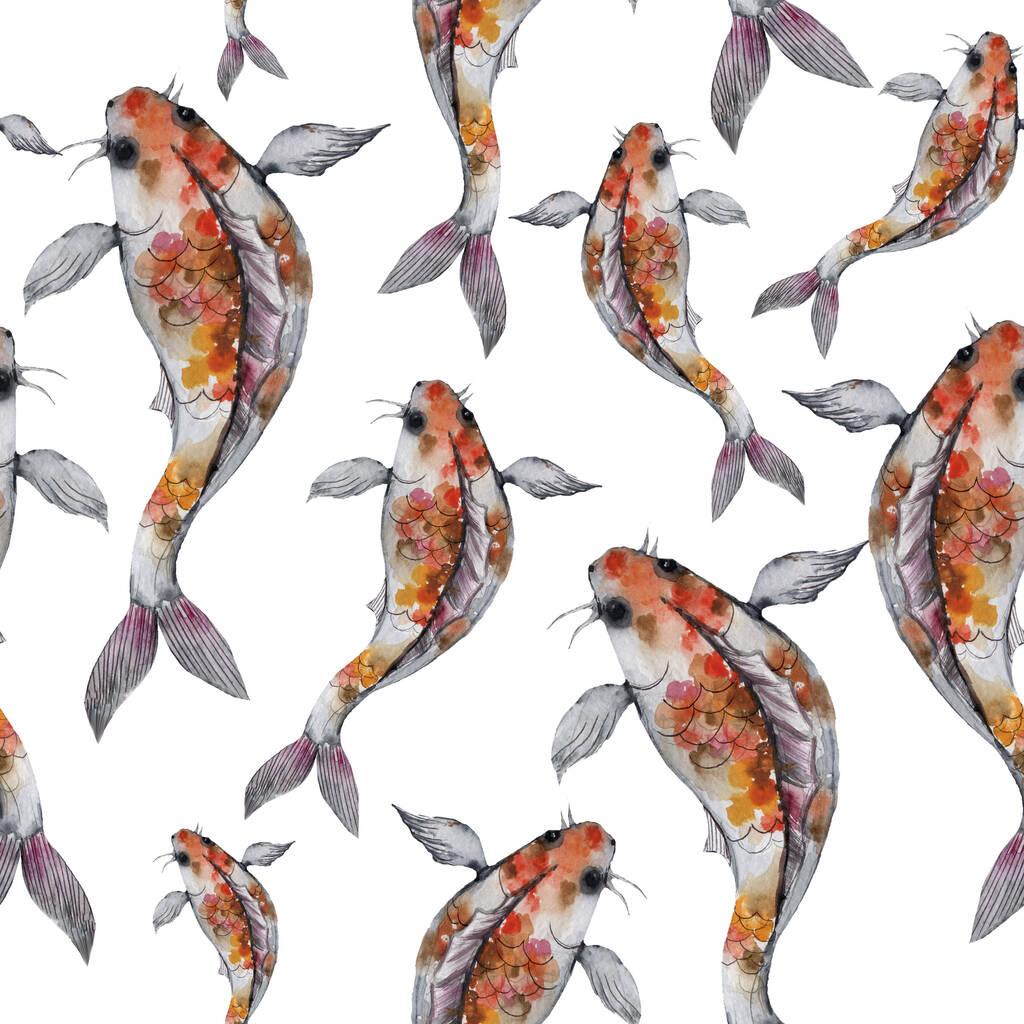 Υδατογραφία ανατολίτικο μοτίβο με κυπρίνοι ουράνιο τόξο. Απρόσκοπτη ανατολίτικη υφή με μεμονωμένα ψάρια ζωγραφισμένα στο χέρι και ανθισμένο κεράσι. Ασιατικό φυσικό υπόβαθρο σε - Φωτογραφία, εικόνα