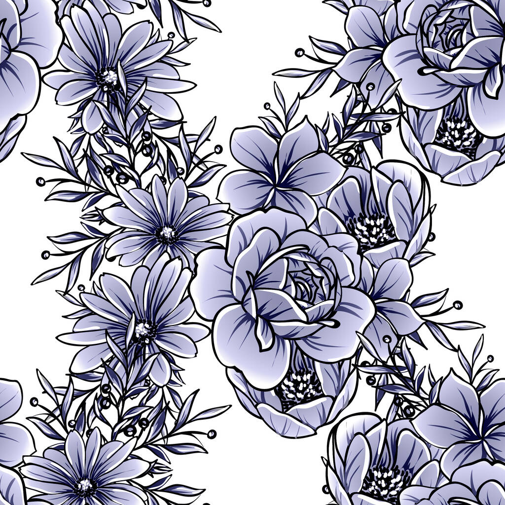 Nahtloses blaues, monochromes Blumenmuster im Vintage-Stil - Vektor, Bild