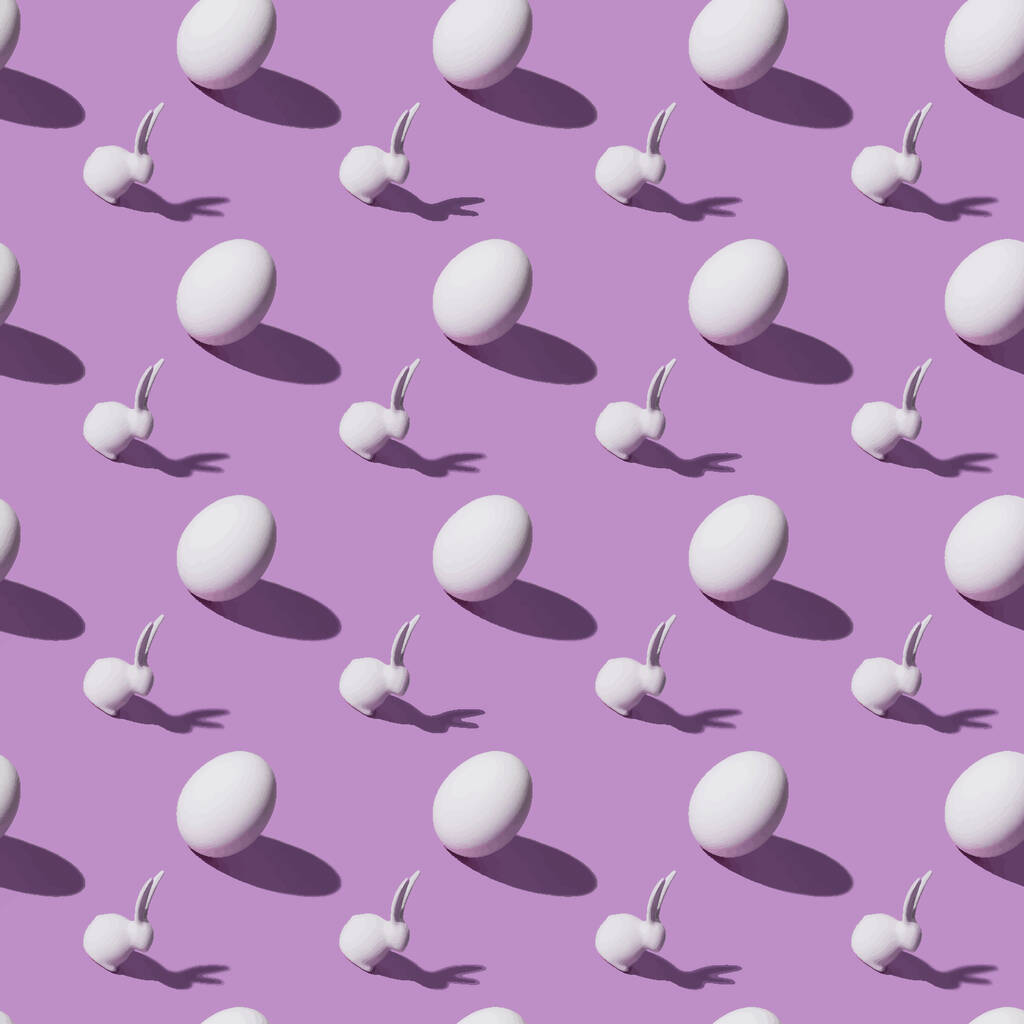 naadloos patroon met paashaas en kippeneieren op paarse achtergrond - Vector, afbeelding