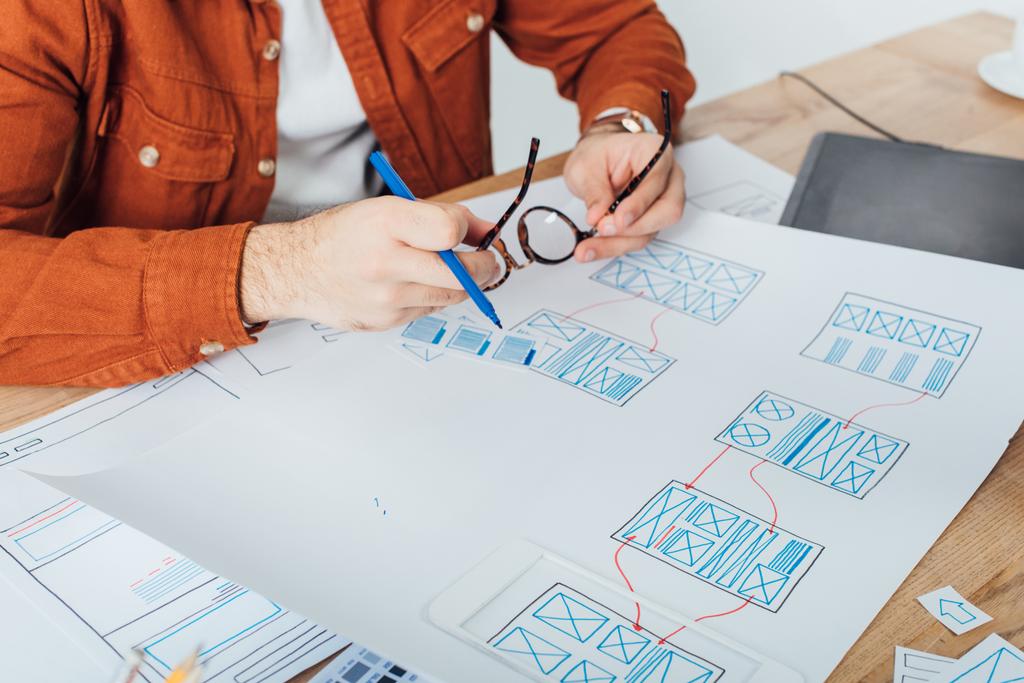 Cropped view of designer holding eyeglasses and marker near templates of user experience design on table isolated on grey - Photo, Image