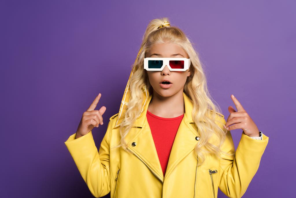 shocked kid with 3d glasses pointing with fingers on purple background  - Photo, Image