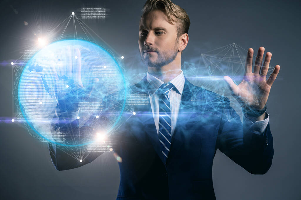 hombre de negocios punto de la mano mostrar un dedo presente virtual digital tierra pantalla comunicación abstracto gráfico negocios tecnología ideas concepto
 - Foto, imagen