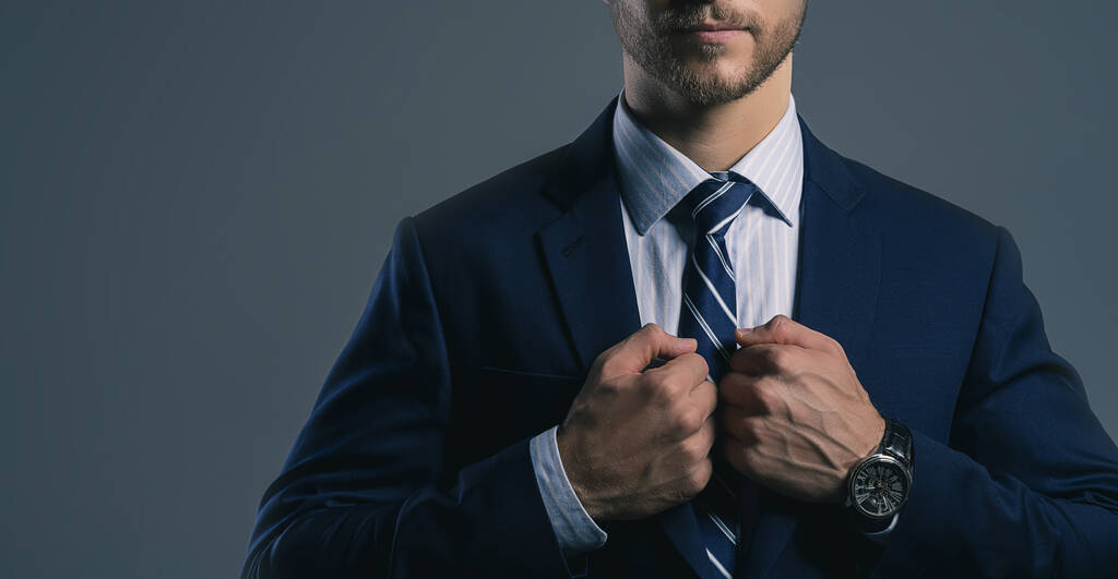 elegância caucasiano empresário bem sucedido com barba close-up desgaste terno formal gravata fundo cinza
 - Foto, Imagem