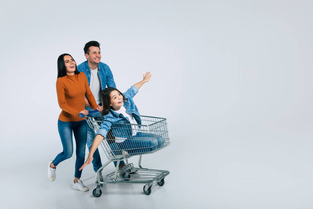 familia feliz con carrito de compras y bolsas sobre fondo blanco
 - Foto, imagen