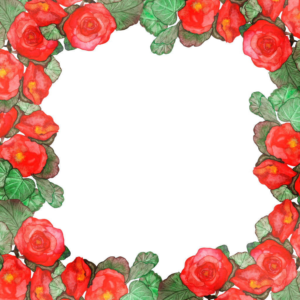 Aquarel hand geschilderd natuur huis planten bloemen vierkante rand met rode bloesem bloemen en groene bladeren op witte achtergrond voor uitnodigingen en wenskaarten met de ruimte voor tekst - Foto, afbeelding
